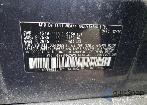 2015 Subaru Legacy 2.5I Premium z USA, uszkodzony, nr VIN 4S3BNAC6XF3040948